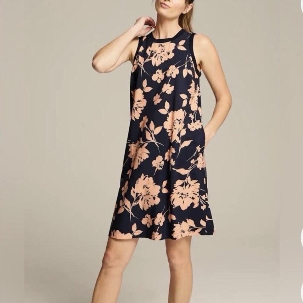J Jill Fit Womens 3X Petite Tank Knit Dress Navy-Gray Peach Floral Pockets Shift
